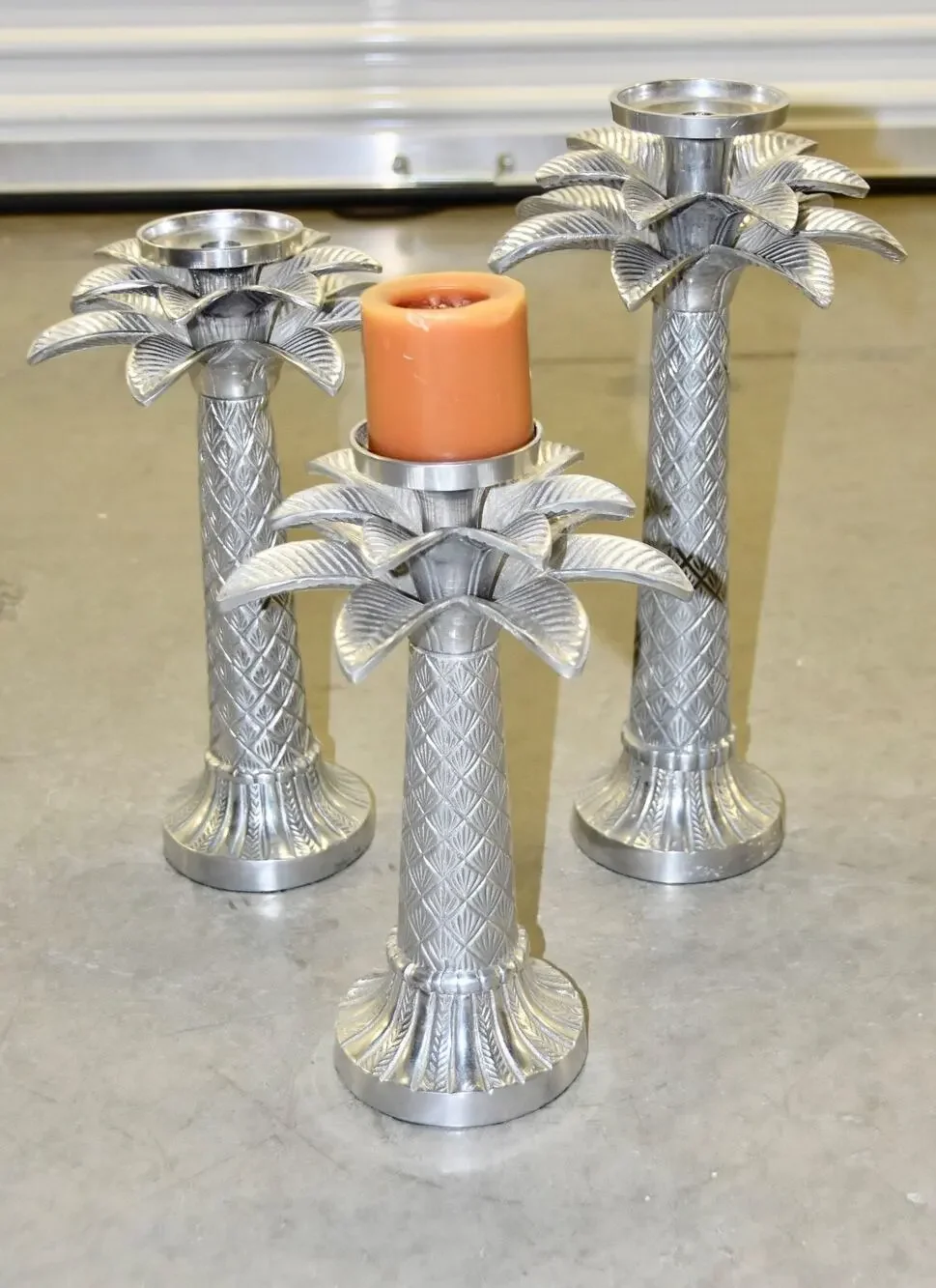 Holland Boone Polished Pewter Palm Tree Candle-Holders X-3